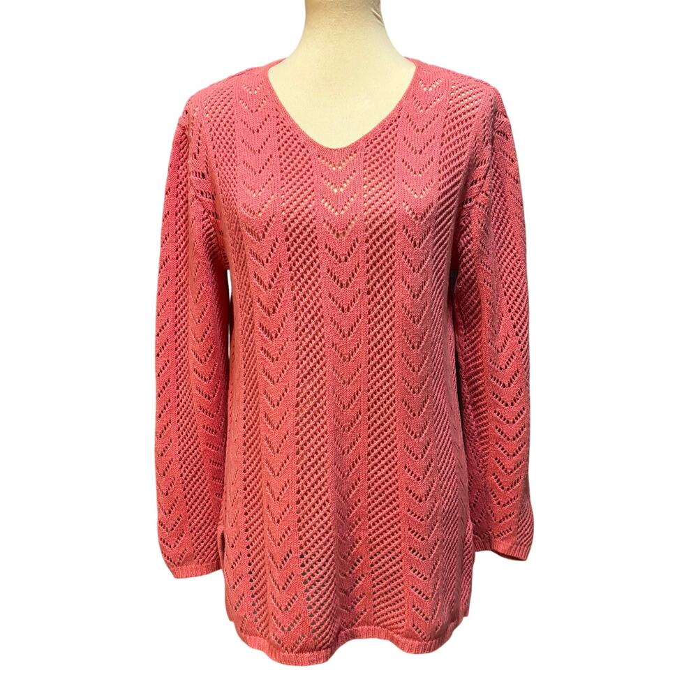 VTG 90s Pink Crochet Open Knit Sweater Coquette Barbiecore Cottagecore Tunic L